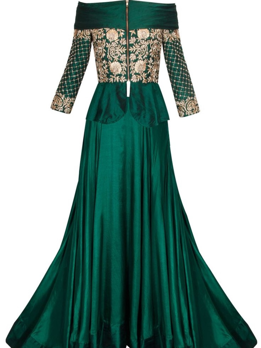 Off-Shoulder Emerald Green Embroidered Peplum lehenga with train